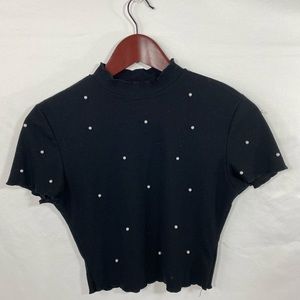 Black mock turtle neck crop top with faux pearls